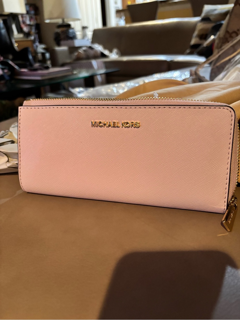 Michael Kors Blush Pink Saffiano Zip-Around Wallet with Gold Logo